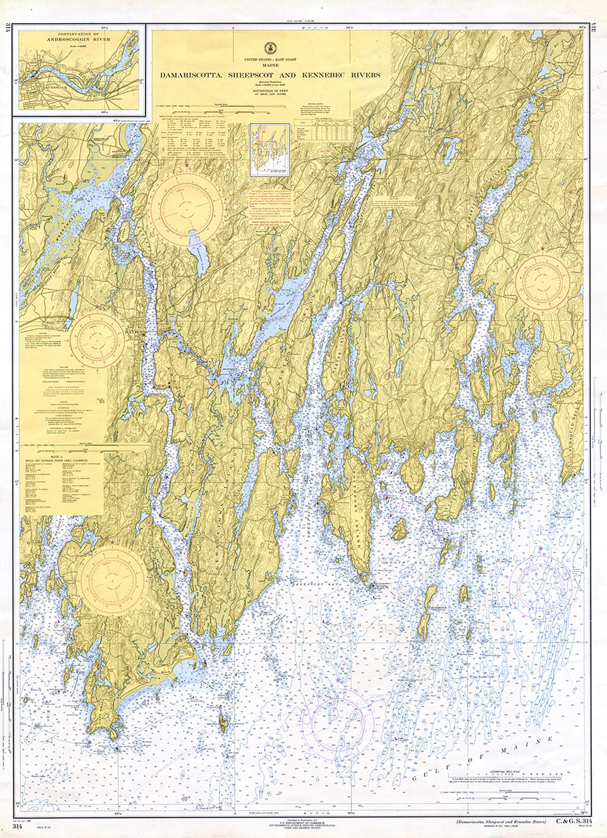Damariscotta, Sheepscot & Kennebec Rivers, Vintage Nautical Chart Scroll