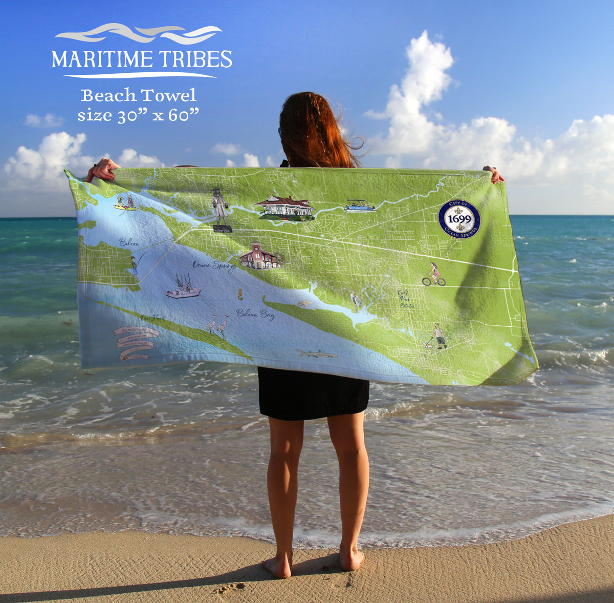 Ocean Springs, MS Illustrated Map Quick Dry Towel